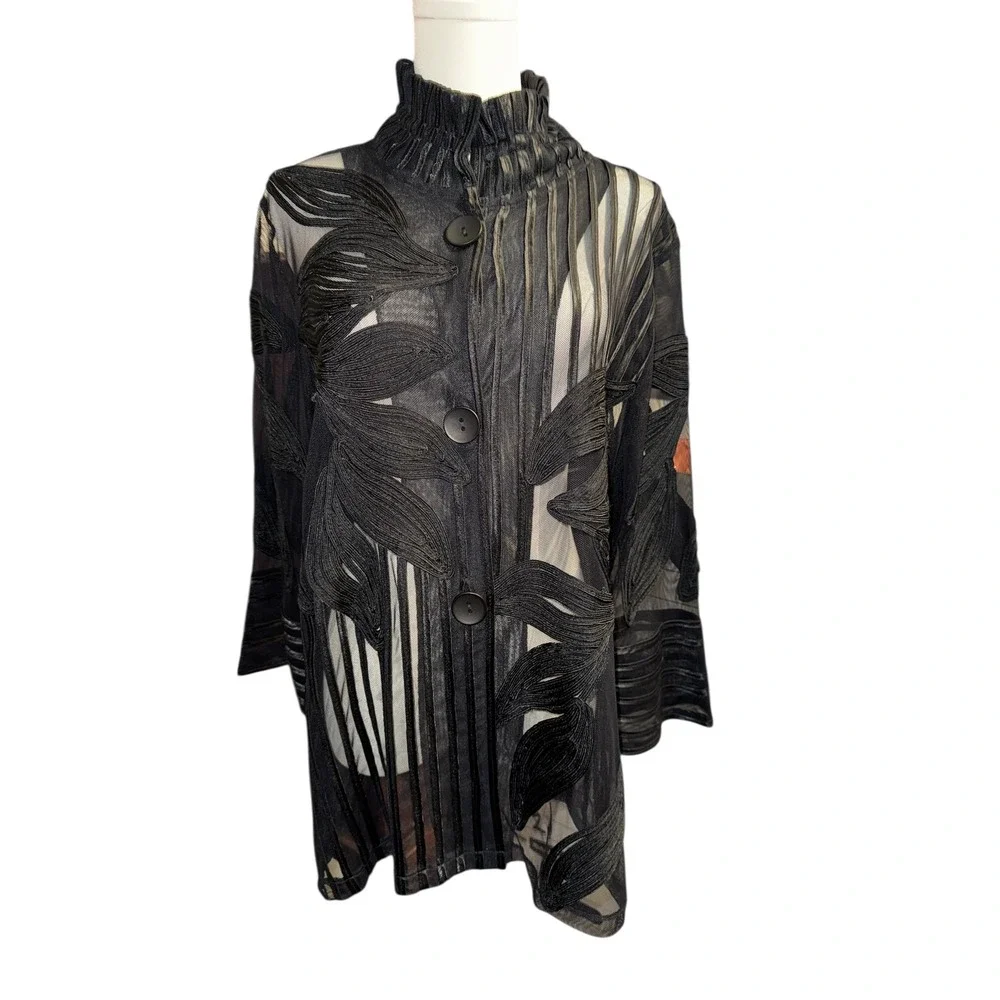 DAMEE Two Tone Soutache Women's Black Sheer Lace Leaf Button Front Jacket Size L